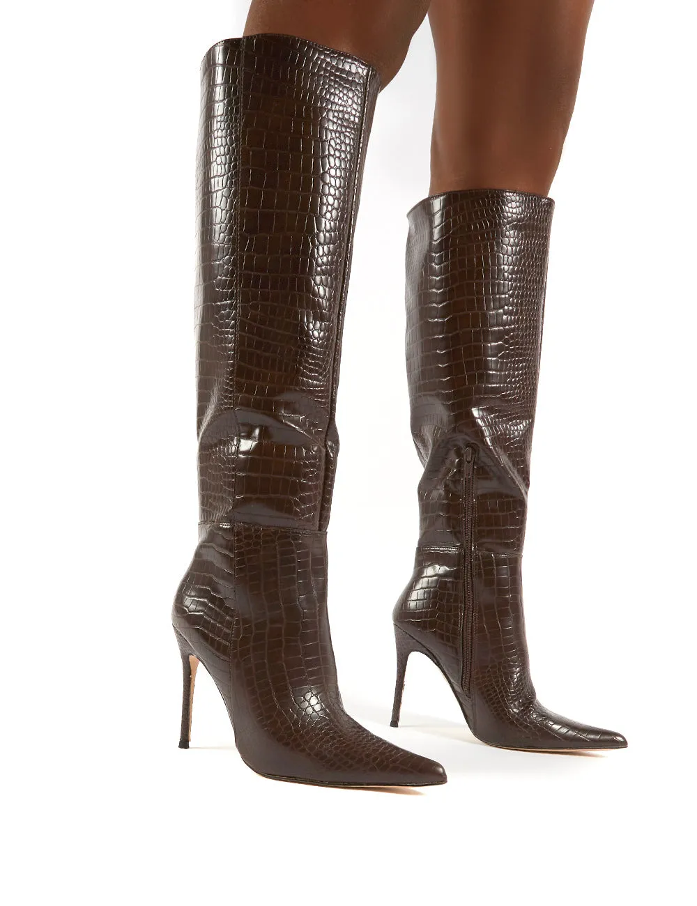 Aimi Chocolate Croc Knee High Stiletto Heel Boots