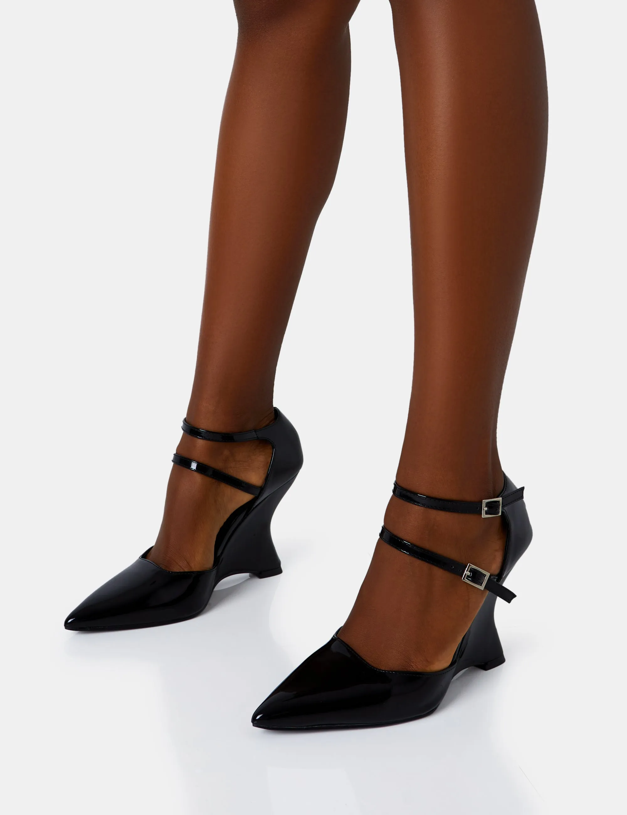 Aspiration Black Patent Strappy Pointed Platform Cut Out Wedge Heels