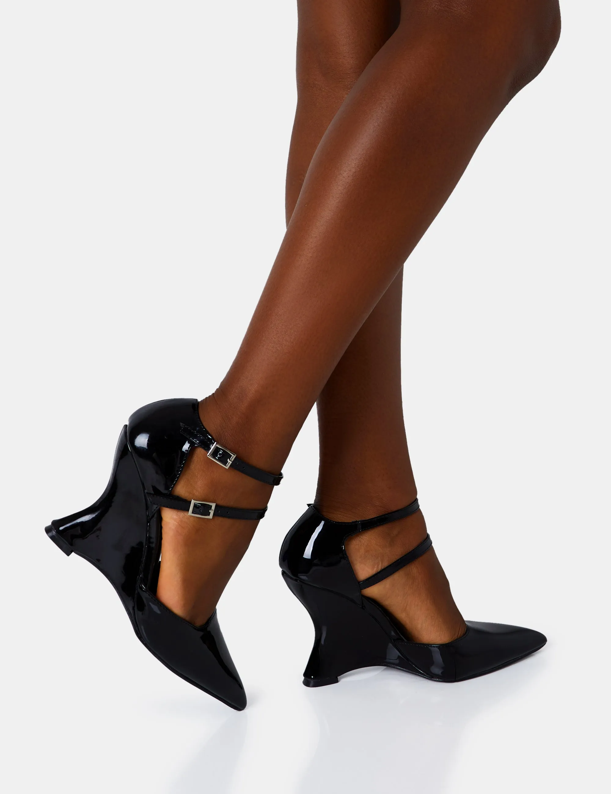 Aspiration Black Patent Strappy Pointed Platform Cut Out Wedge Heels