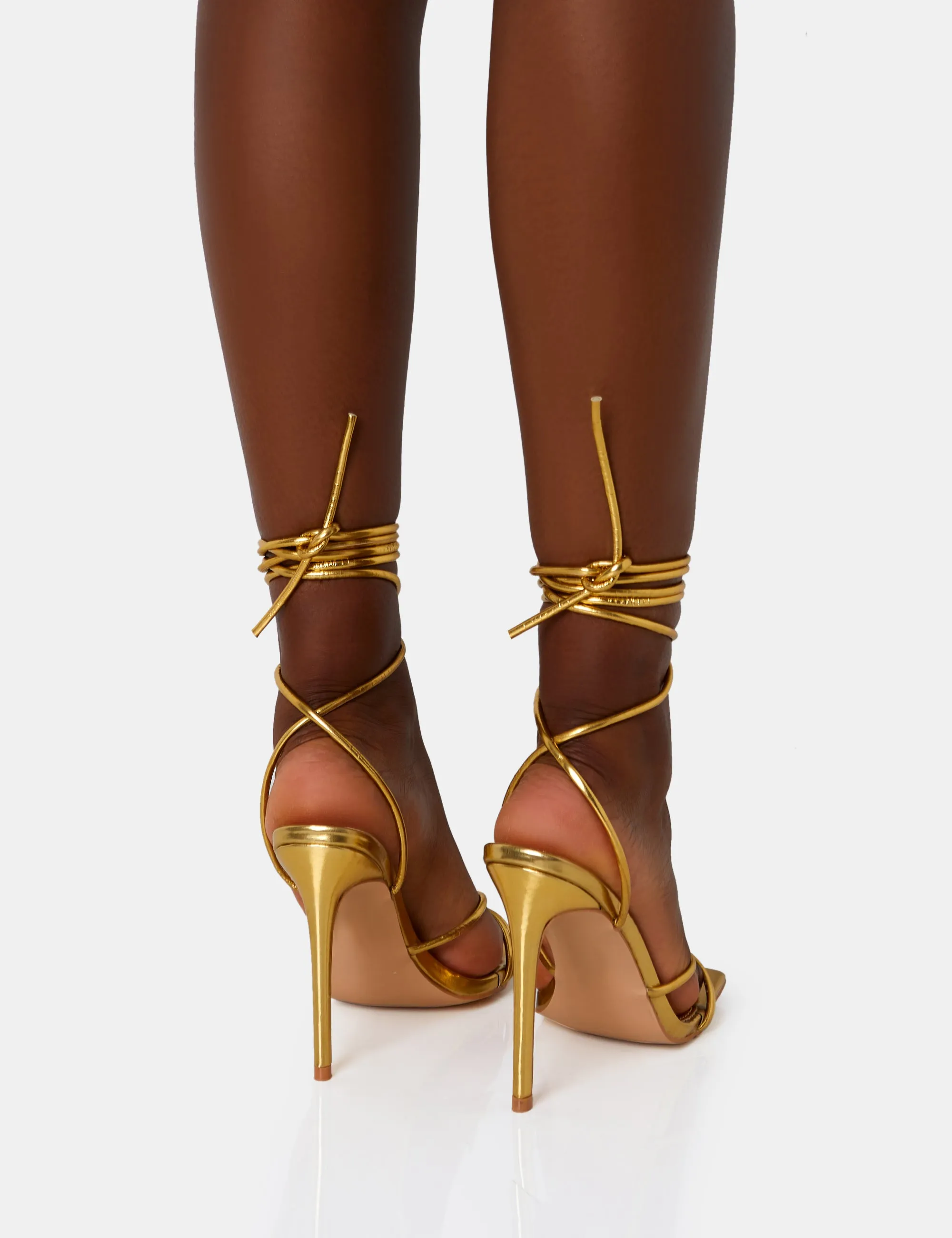 Dax Wide Fit Gold Pu Barely There Lace Up Square Toe Stiletto Heels