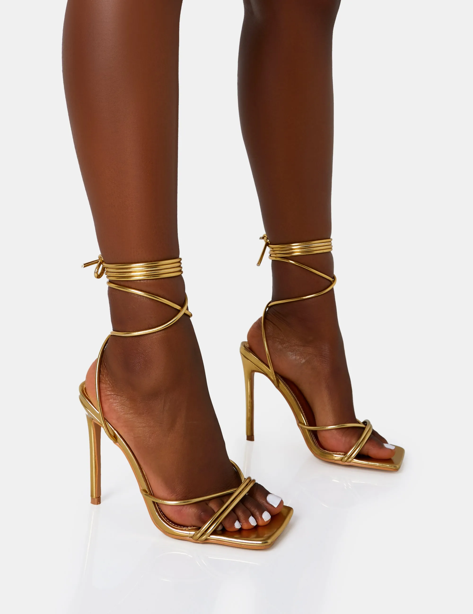 Dax Wide Fit Gold Pu Barely There Lace Up Square Toe Stiletto Heels