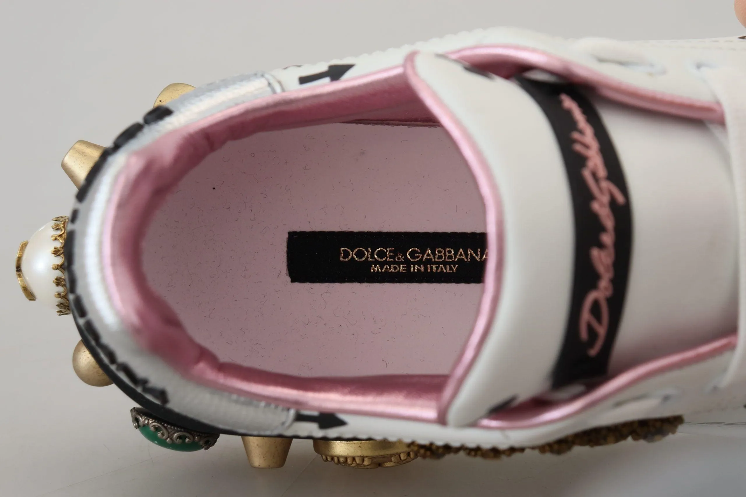 Dolce & Gabbana White Leather Crystal Queen Crown Sneakers Shoes