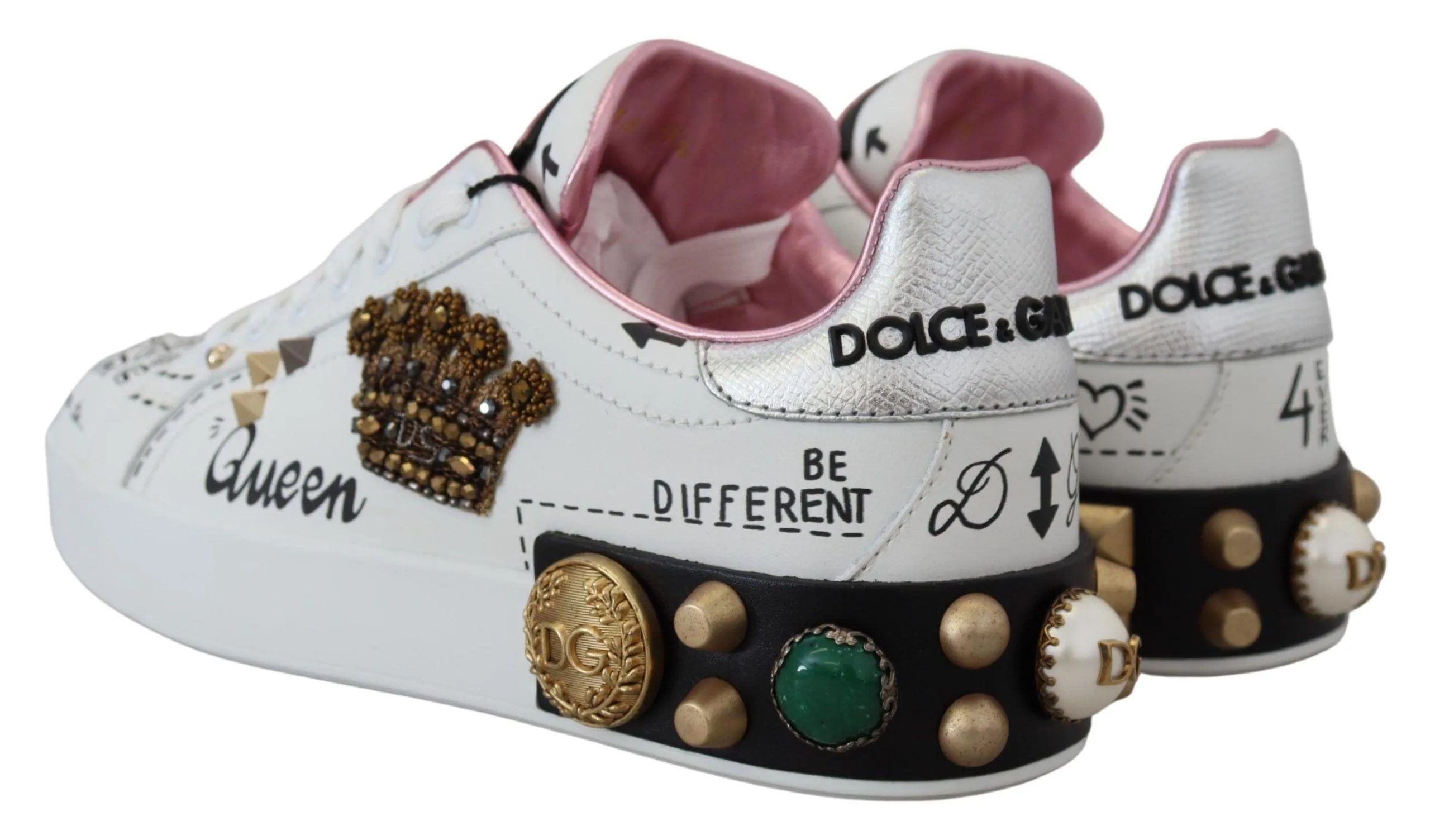 Dolce & Gabbana White Leather Crystal Queen Crown Sneakers Shoes