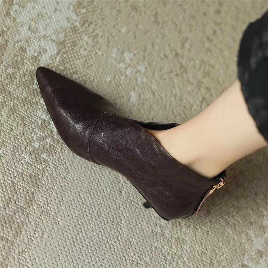 Elegant Cow Leather Pointed Toe Diagonal Zipper Boots