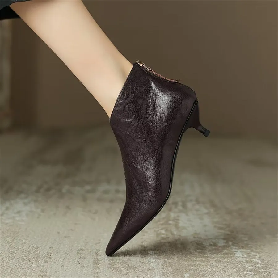 Elegant Cow Leather Pointed Toe Diagonal Zipper Boots