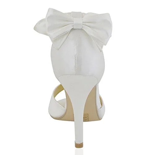 ESSEX GLAM Womens Stiletto HIGH Heel Ankle Strap Buckle Bow Ladies White Ivory Bridal Peeptoe Sandals Shoes