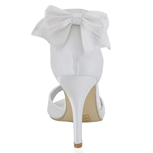 ESSEX GLAM Womens Stiletto HIGH Heel Ankle Strap Buckle Bow Ladies White Ivory Bridal Peeptoe Sandals Shoes