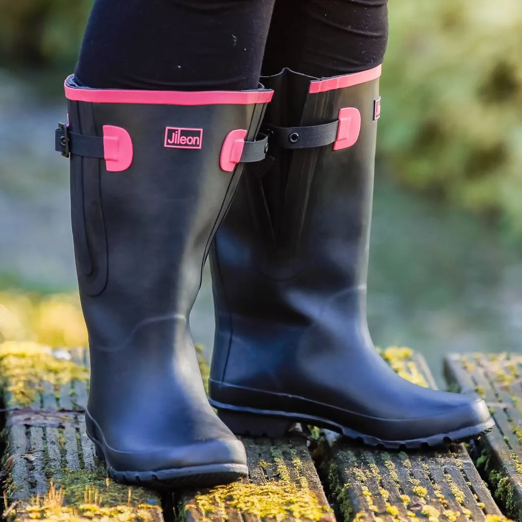 Extra Wide Calf Womens' Rain Boots - Black with Pink Trim - 16-23 Inch Calf - Wide in Foot & Ankle