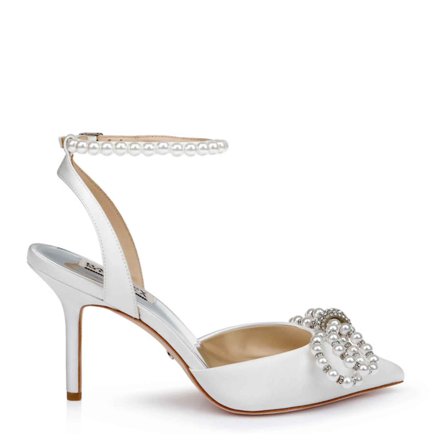 Faint - Pointed Toe Stiletto With Pearl & Crystal Bow- Soft White