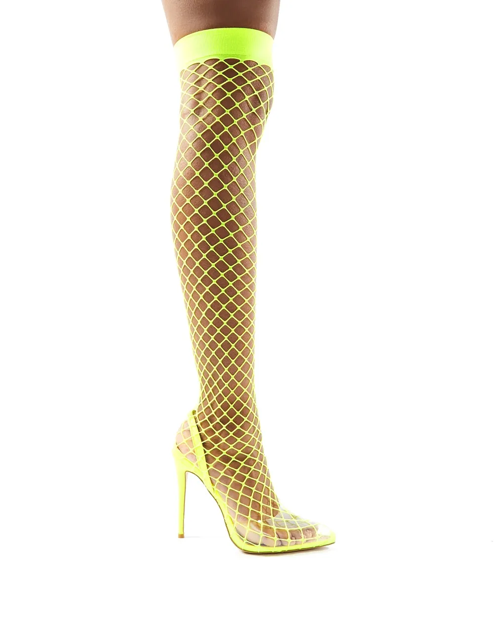 Flutter Neon Yellow Fishnet Over the Knee Stiletto Heels