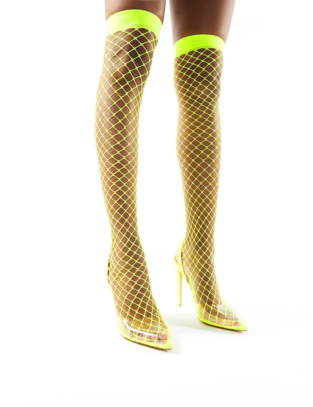 Flutter Neon Yellow Fishnet Over the Knee Stiletto Heels