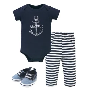 Hudson Baby Cotton Bodysuit, Pant and Shoe Set, Captain