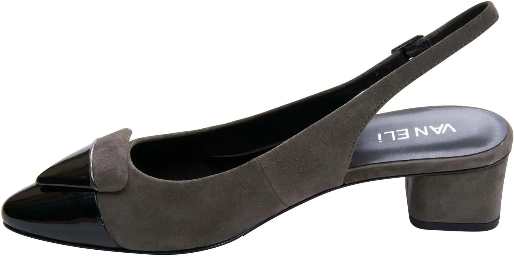 Lomie Vaneli shoes, Gray Suede/Black Patent