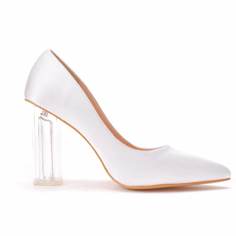 Pointed Toe White Block Heels Crystal Transparent Square Heels