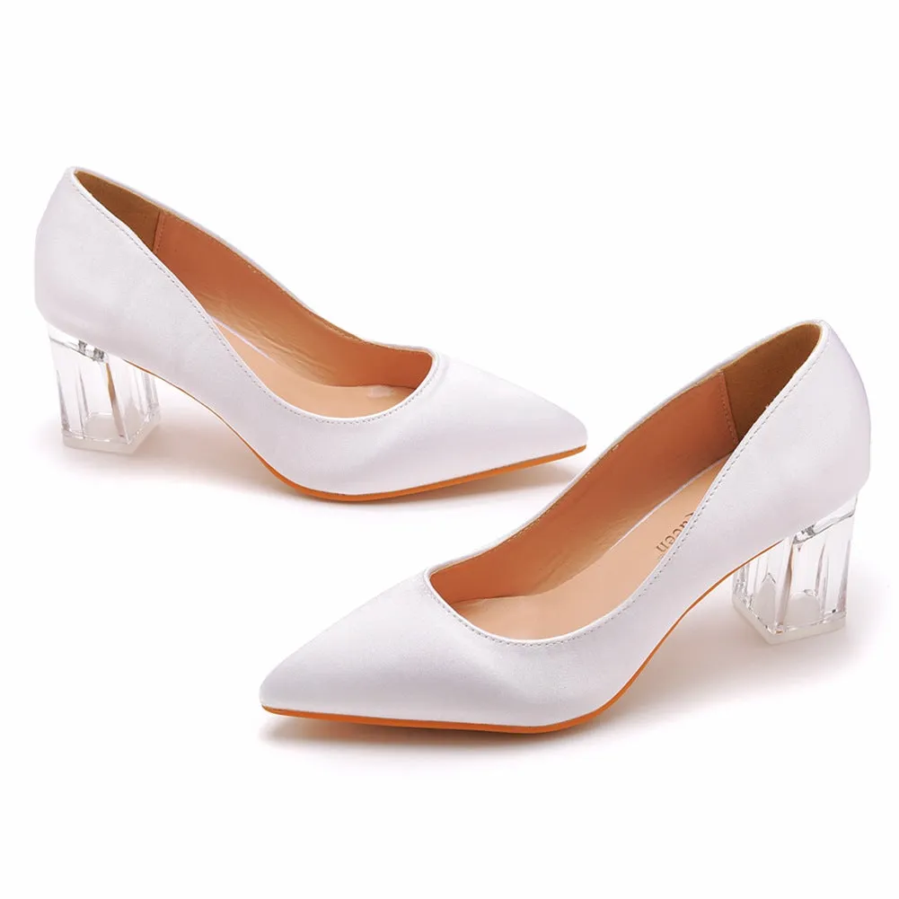 Pointed Toe White Block Heels Crystal Transparent Square Heels