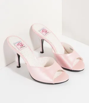 Retro Style Light Pink Leatherette Peep Toe Rhinestone Mule Heels