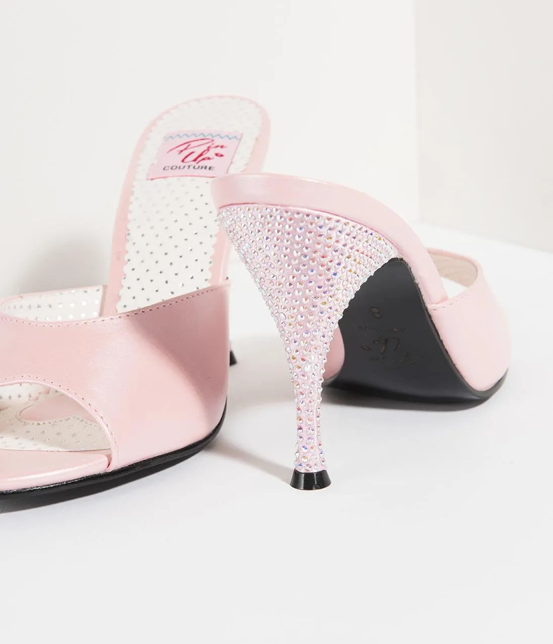 Retro Style Light Pink Leatherette Peep Toe Rhinestone Mule Heels