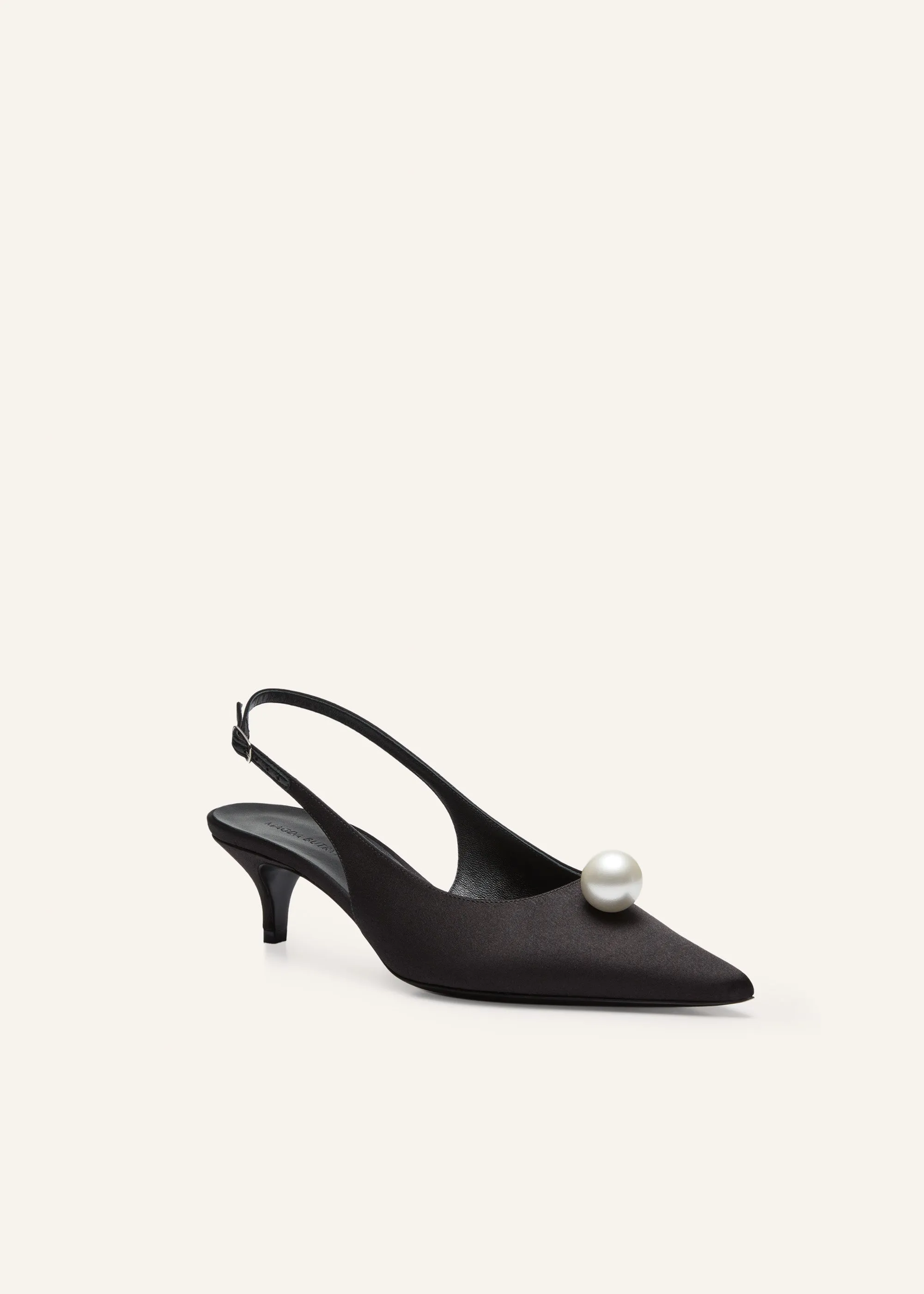 Slingback pearl kitten heels in black satin