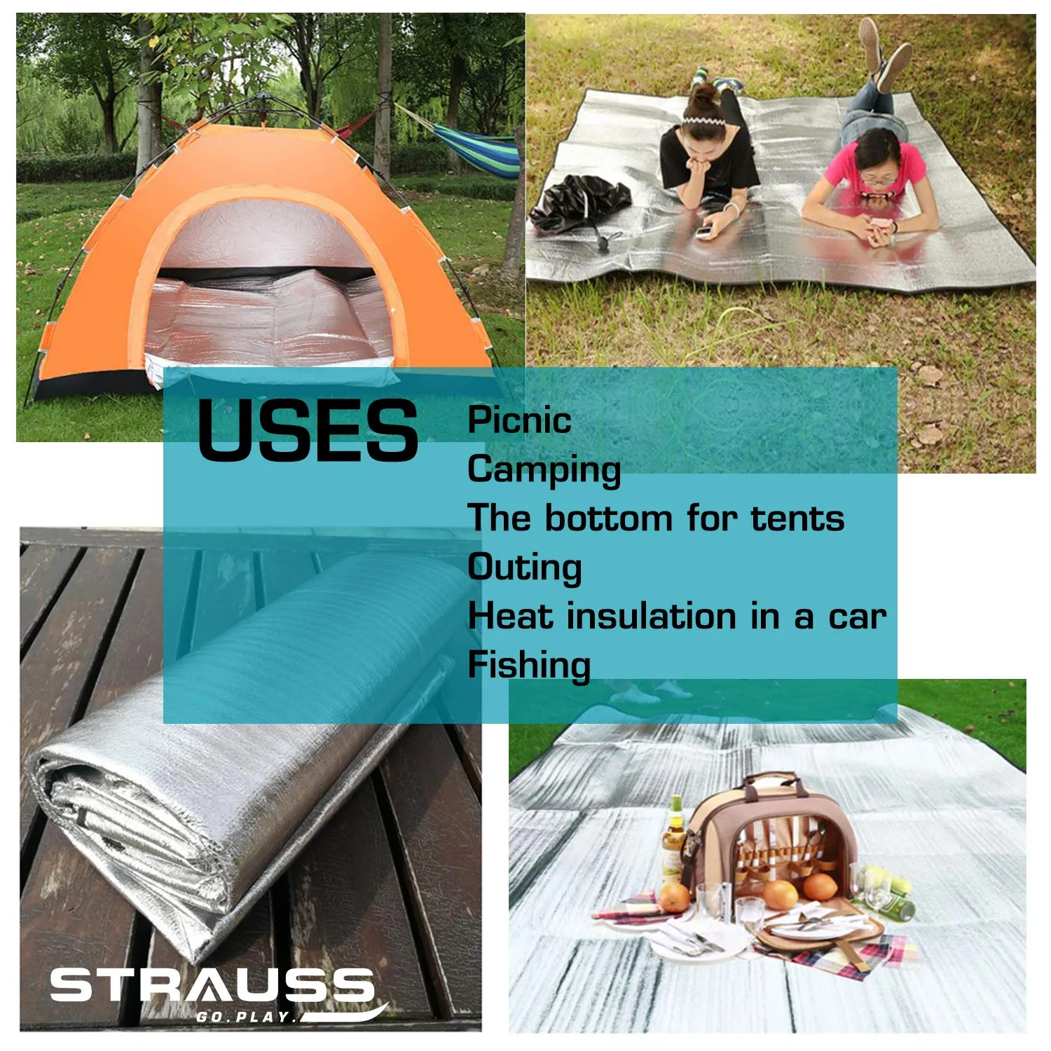 Strauss Camping Tent Mat | Double-Sided Moisture-Proof Aluminum Foil Foam Pad | Waterproof and Insulating Foil Mat | Picnic Mat | Camping Mat for Beach, Tent and Camping,(2 Person)