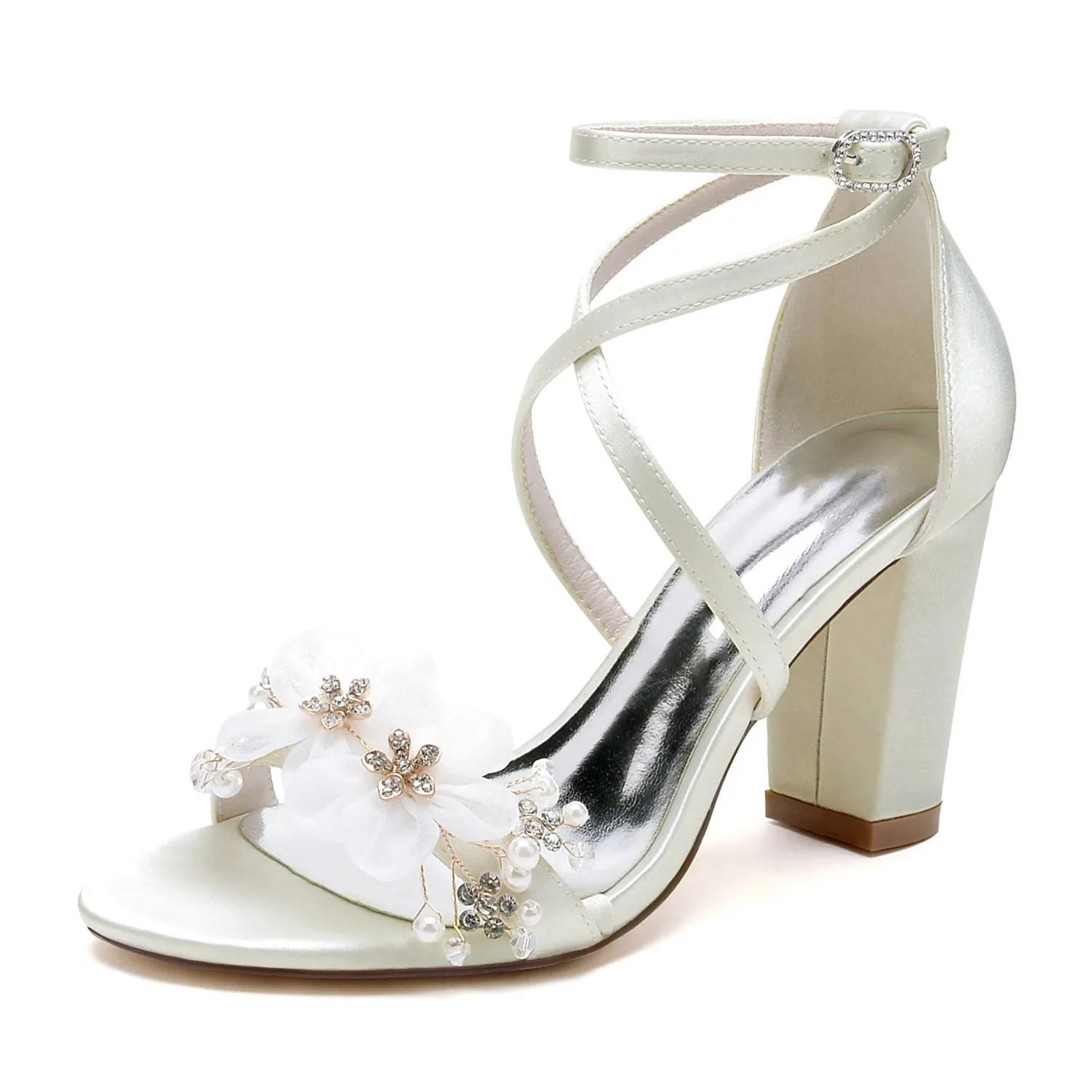 Women's Satin Stiletto Heel Sandals With Flower Wedding Shoes Bridal Shoes